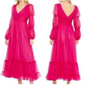 Mac Duggal 68254 Pink Chiffon Ruched Puff Sleeve A Line Maxi Dress Size 6